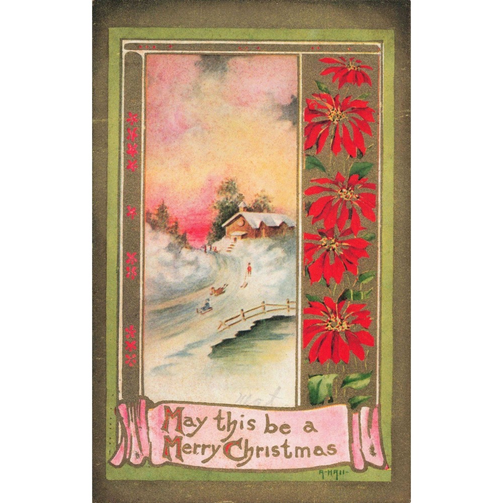 Vintage Christmas Postcard Winter Sledding Scene Poinsettia Series No 74 VG - Picture 1 of 2